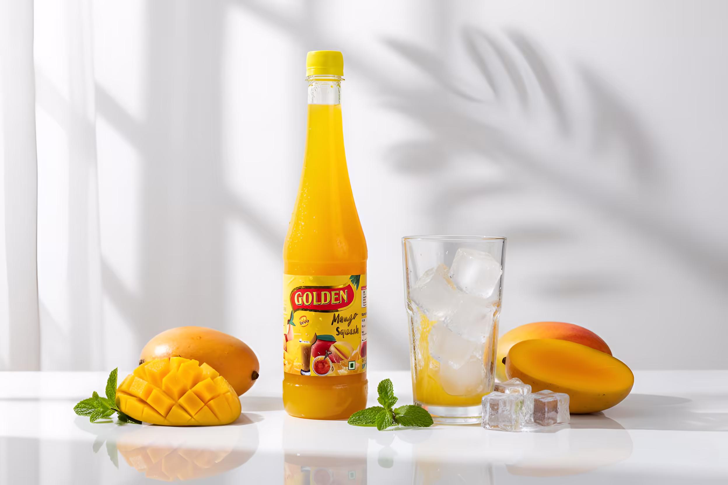 Landscape image of mango squash bottle
